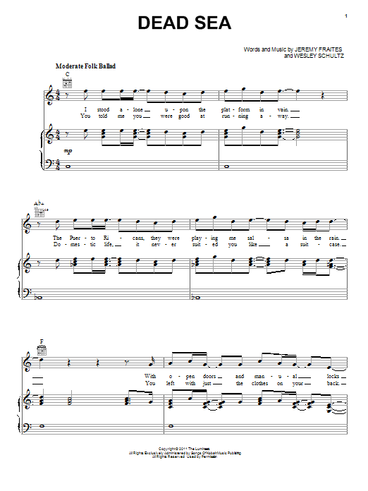 Download The Lumineers Dead Sea Sheet Music and learn how to play Piano, Vocal & Guitar (Right-Hand Melody) PDF digital score in minutes