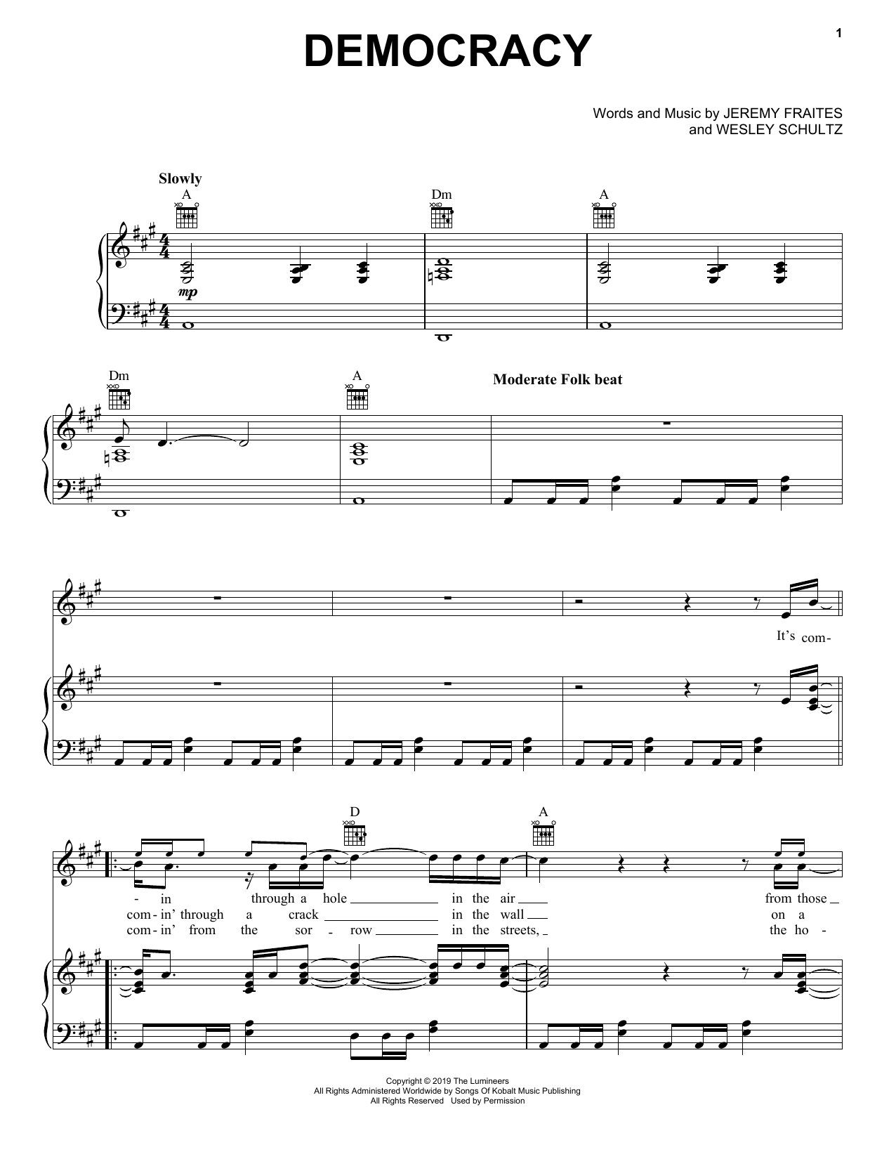 Download The Lumineers Democracy Sheet Music and learn how to play Piano, Vocal & Guitar Chords (Right-Hand Melody) PDF digital score in minutes