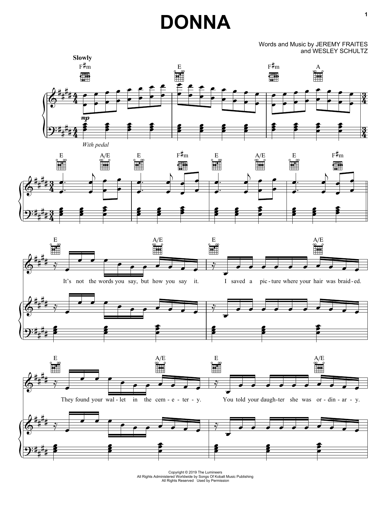 Download The Lumineers Donna Sheet Music and learn how to play Piano, Vocal & Guitar Chords (Right-Hand Melody) PDF digital score in minutes