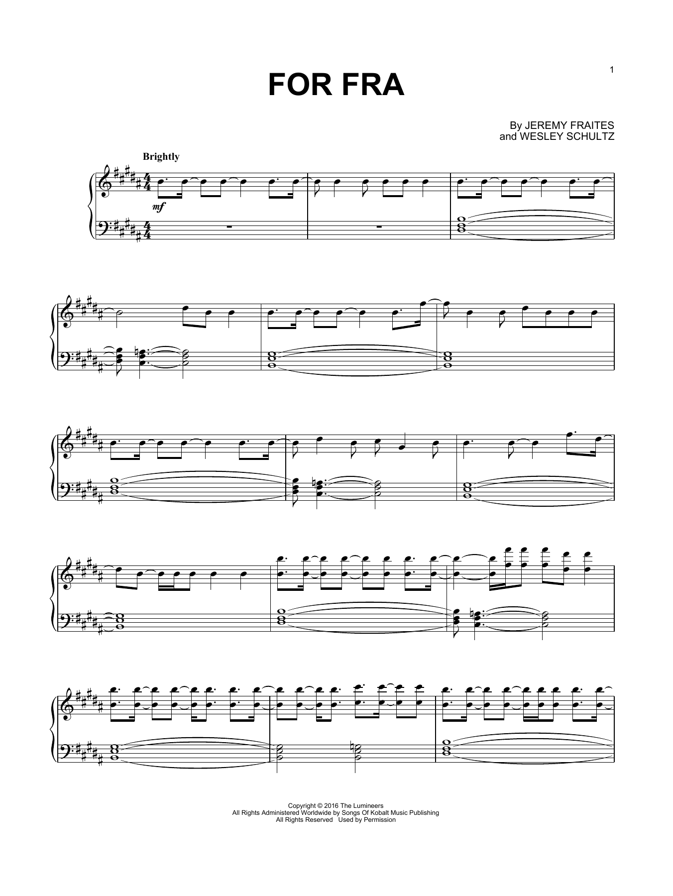 Download The Lumineers For Fra Sheet Music and learn how to play Piano Solo PDF digital score in minutes