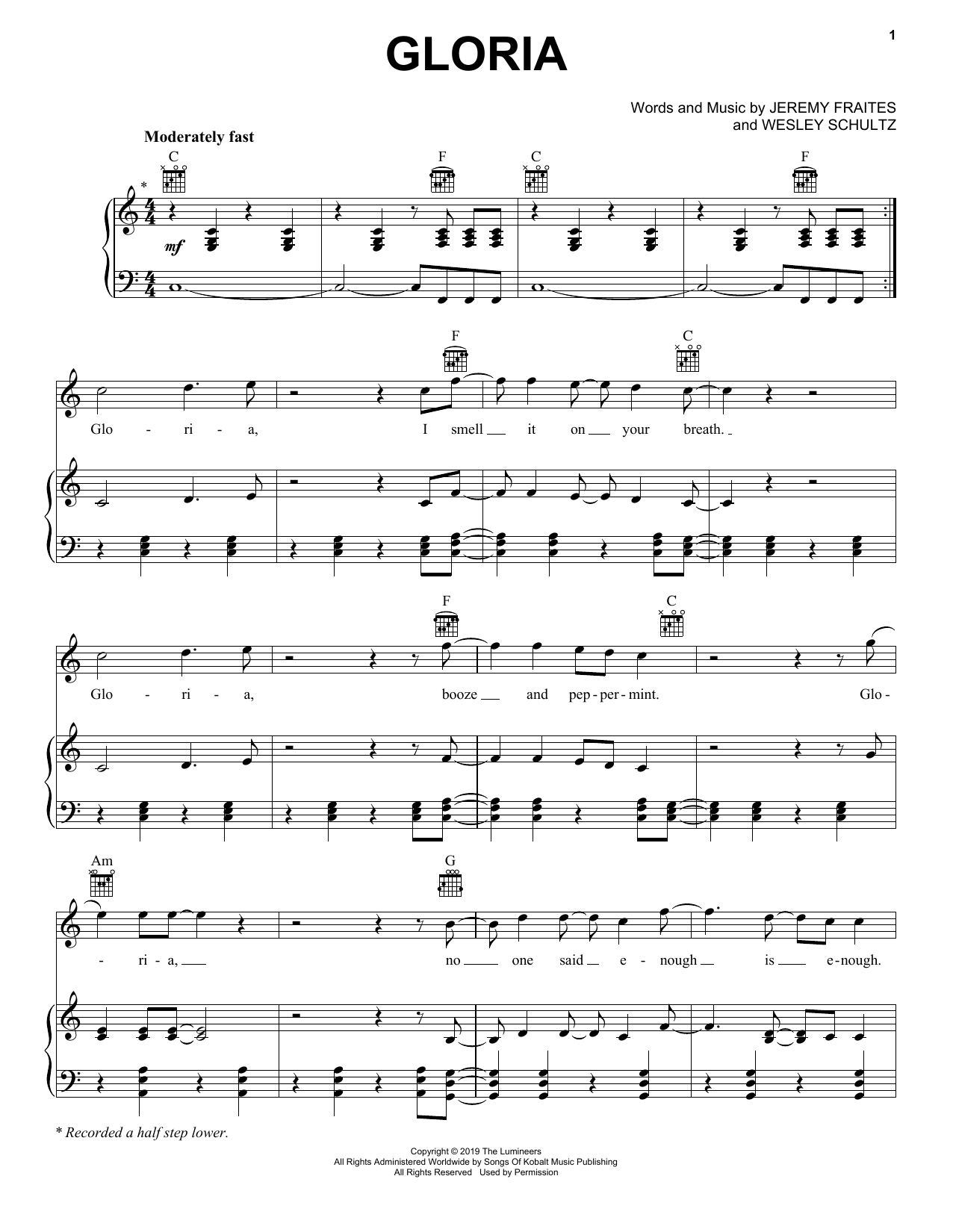 Download The Lumineers Gloria Sheet Music and learn how to play Big Note Piano PDF digital score in minutes