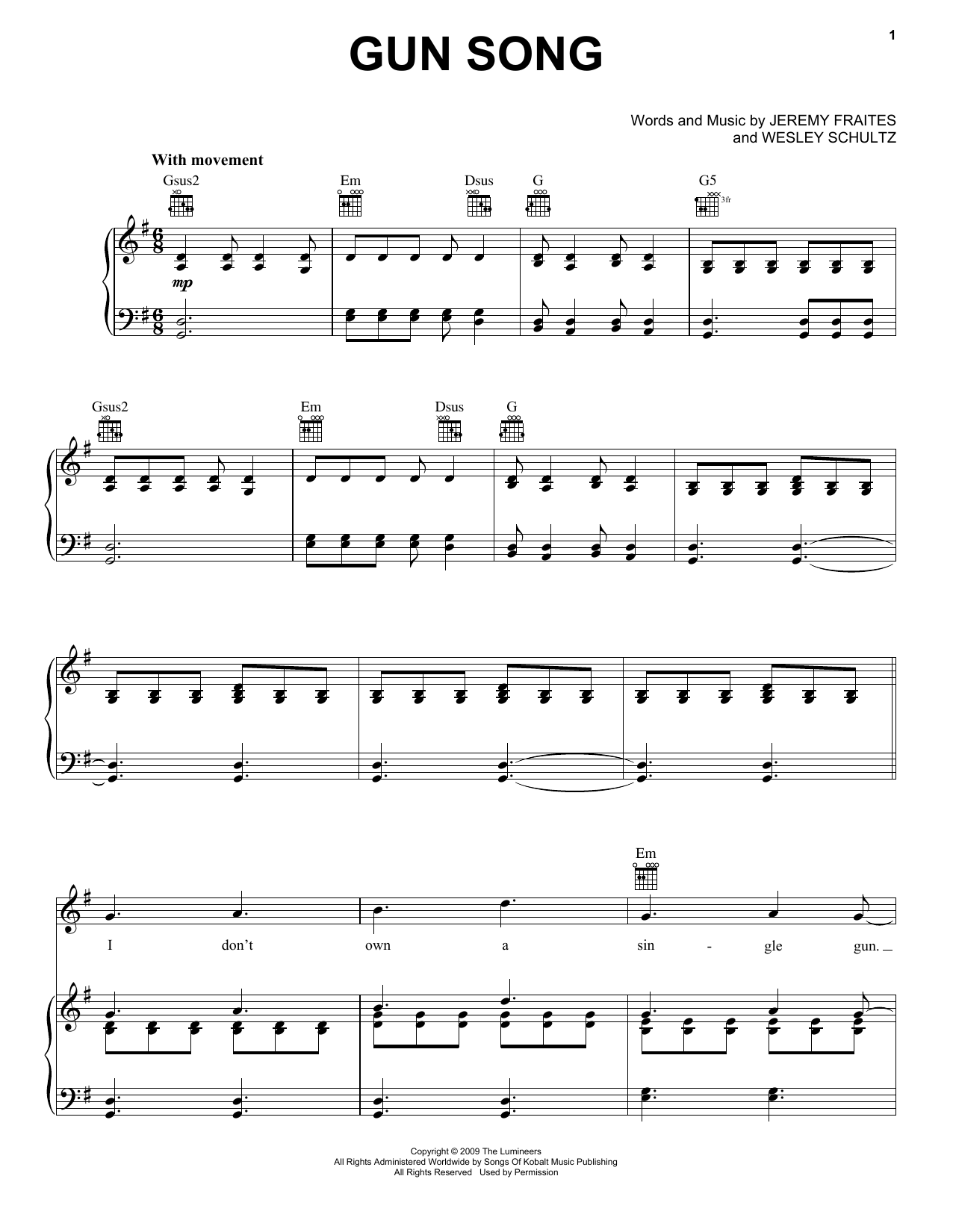 Download The Lumineers Gun Song Sheet Music and learn how to play Piano, Vocal & Guitar (Right-Hand Melody) PDF digital score in minutes