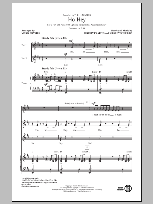 Download The Lumineers Ho Hey (arr. Mark Brymer) Sheet Music and learn how to play 2-Part Choir PDF digital score in minutes