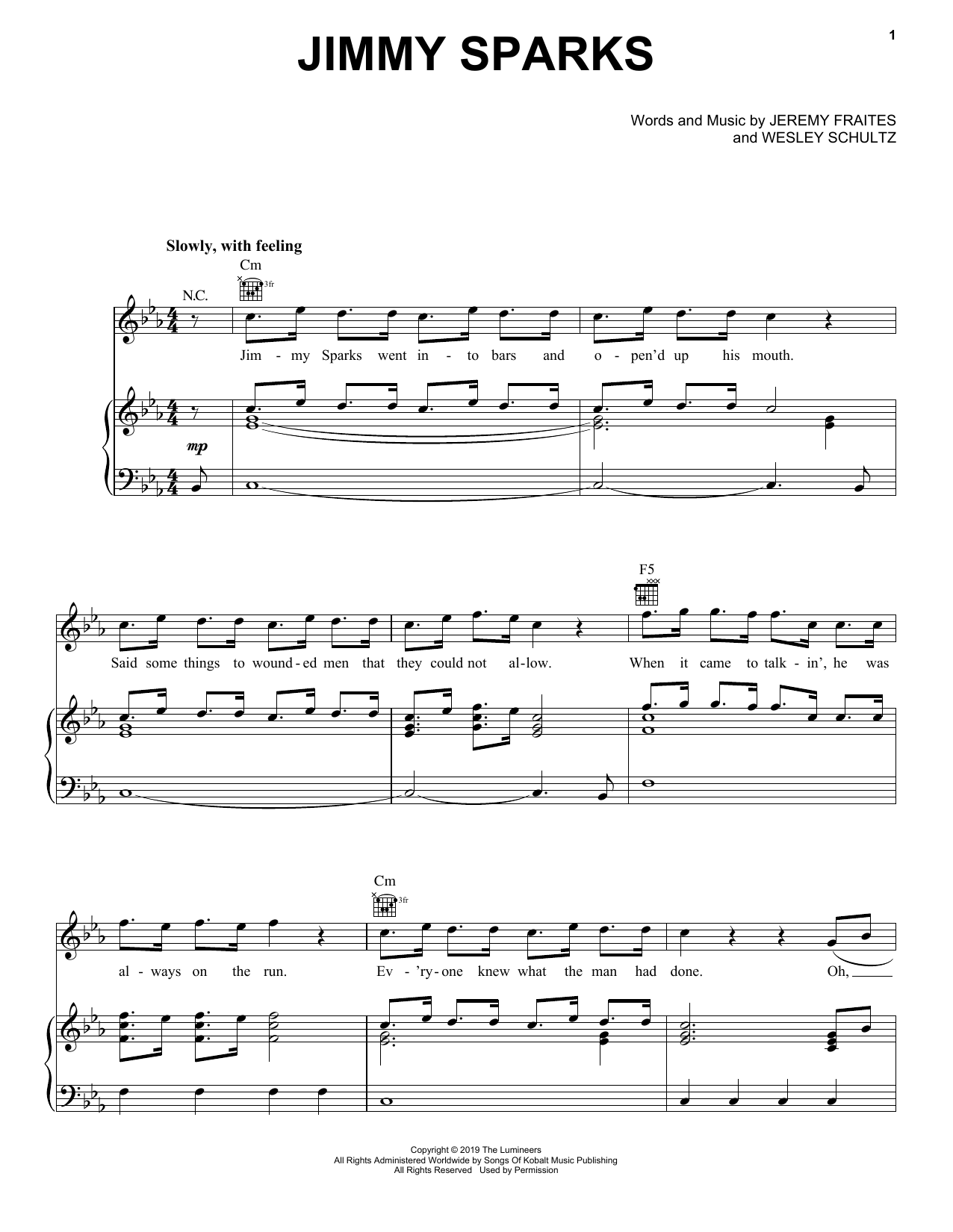 Download The Lumineers Jimmy Sparks Sheet Music and learn how to play Piano, Vocal & Guitar Chords (Right-Hand Melody) PDF digital score in minutes