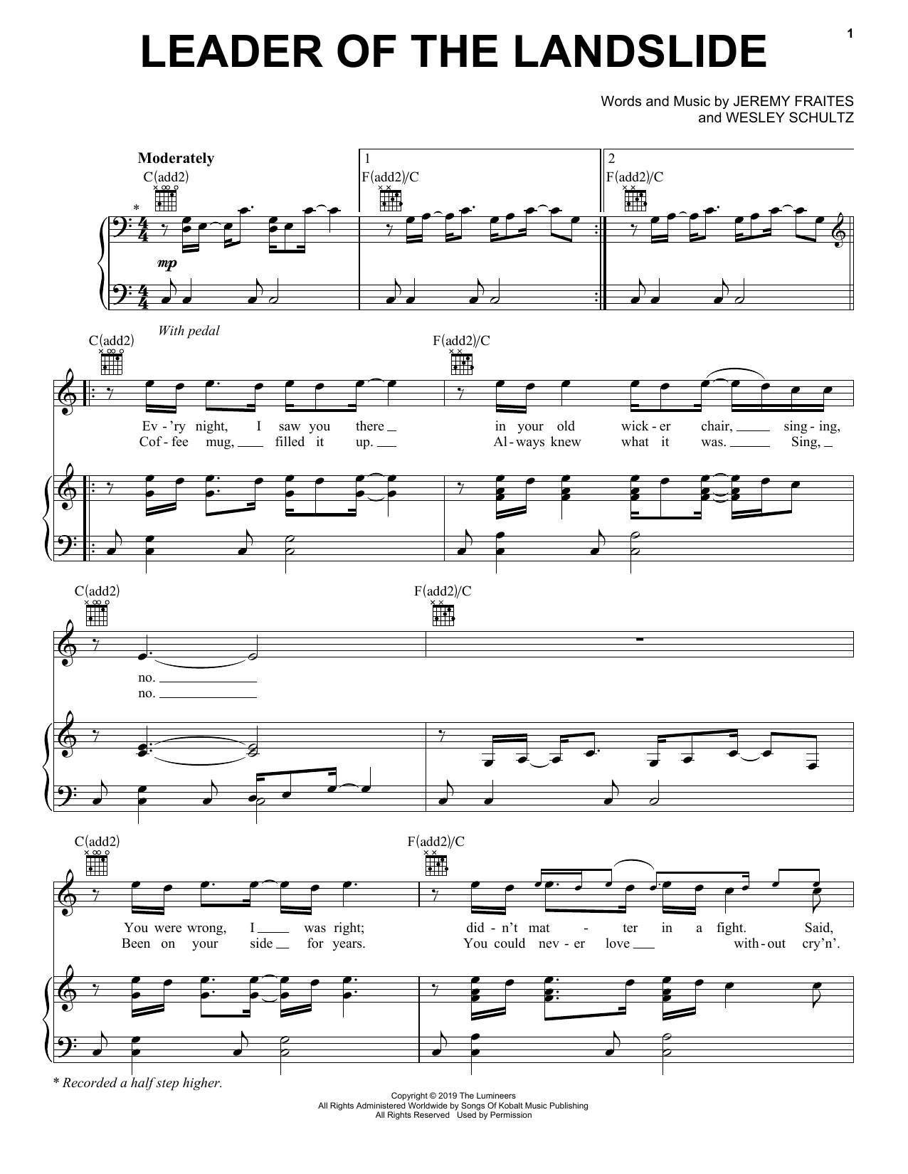 Download The Lumineers Leader Of The Landslide Sheet Music and learn how to play Piano, Vocal & Guitar Chords (Right-Hand Melody) PDF digital score in minutes