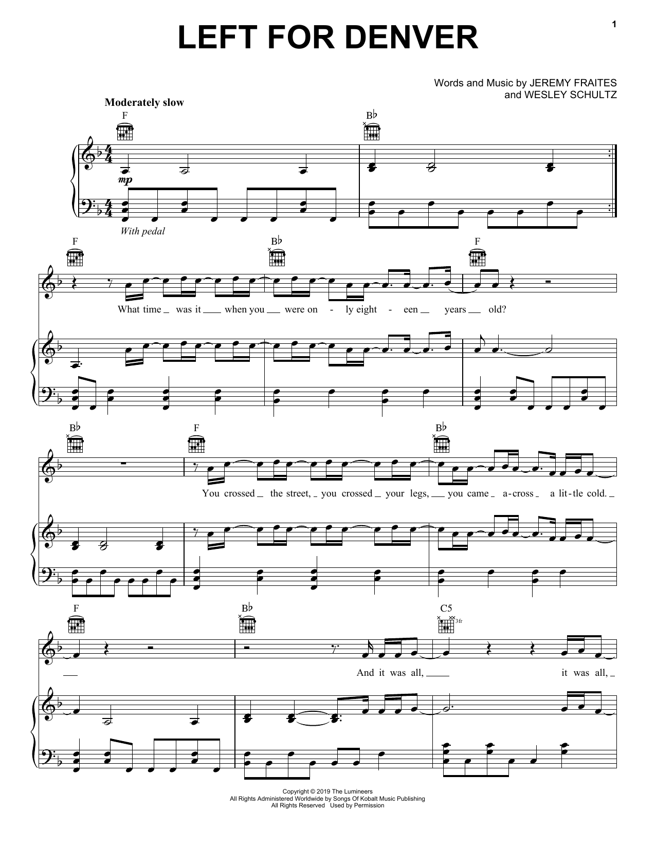 Download The Lumineers Left For Denver Sheet Music and learn how to play Piano, Vocal & Guitar Chords (Right-Hand Melody) PDF digital score in minutes
