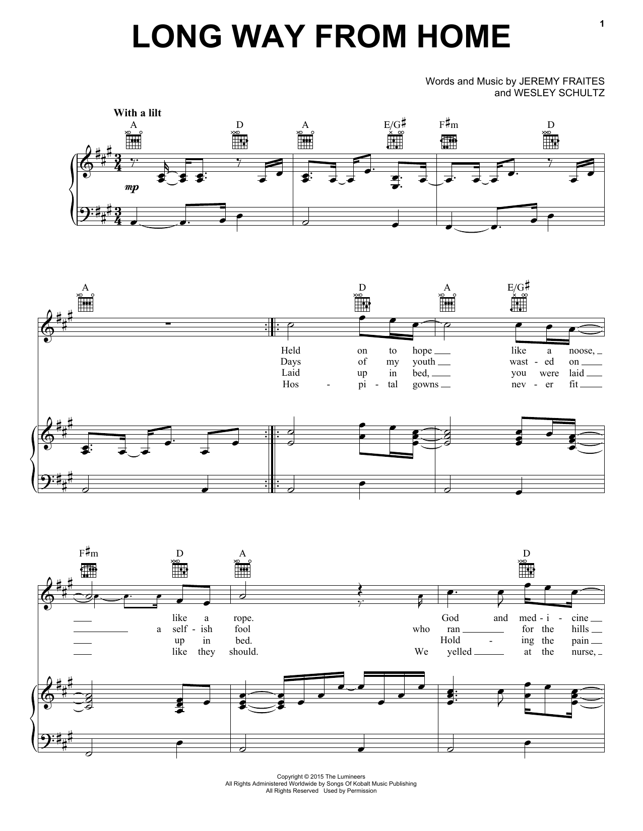 Download The Lumineers Long Way From Home Sheet Music and learn how to play Piano, Vocal & Guitar (Right-Hand Melody) PDF digital score in minutes