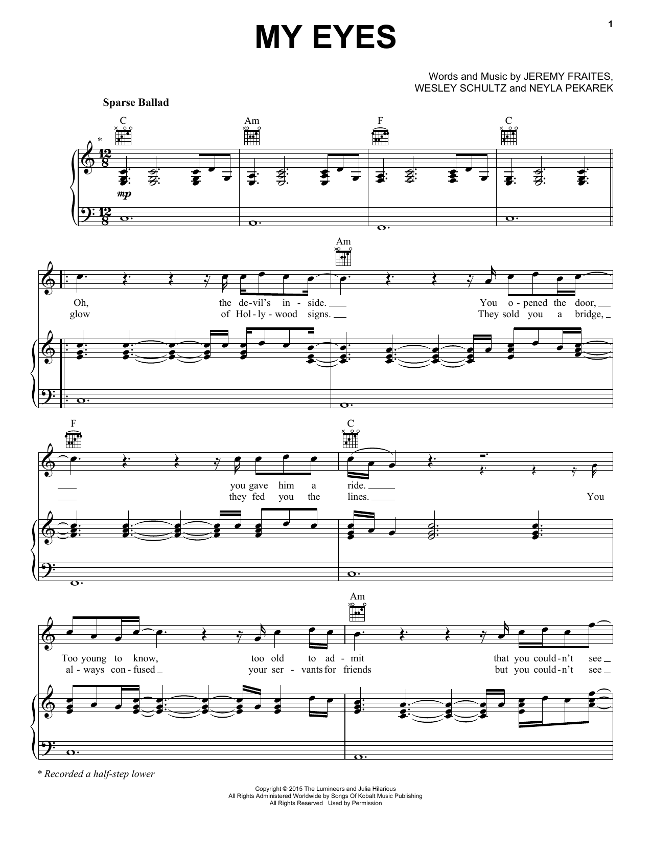 Download The Lumineers My Eyes Sheet Music and learn how to play Piano, Vocal & Guitar (Right-Hand Melody) PDF digital score in minutes