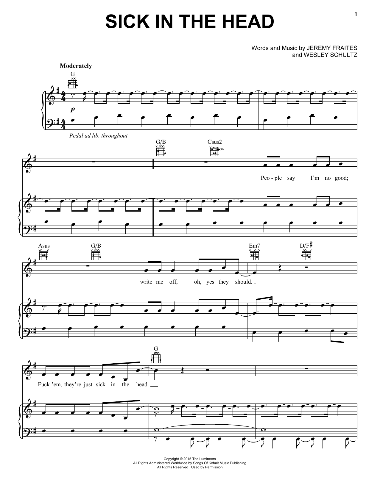Download The Lumineers Sick In The Head Sheet Music and learn how to play Piano, Vocal & Guitar (Right-Hand Melody) PDF digital score in minutes