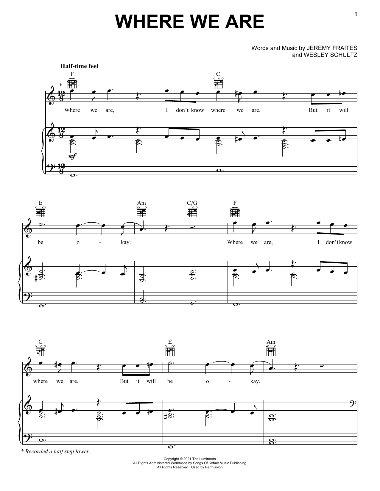 Download The Lumineers WHERE WE ARE Sheet Music and learn how to play Piano, Vocal & Guitar Chords (Right-Hand Melody) PDF digital score in minutes