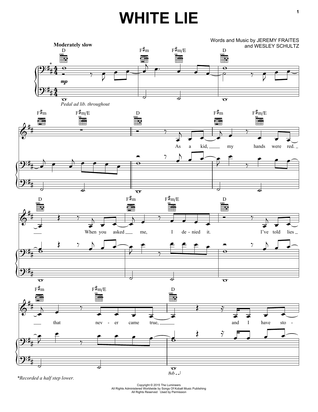 Download The Lumineers White Lie Sheet Music and learn how to play Piano, Vocal & Guitar (Right-Hand Melody) PDF digital score in minutes