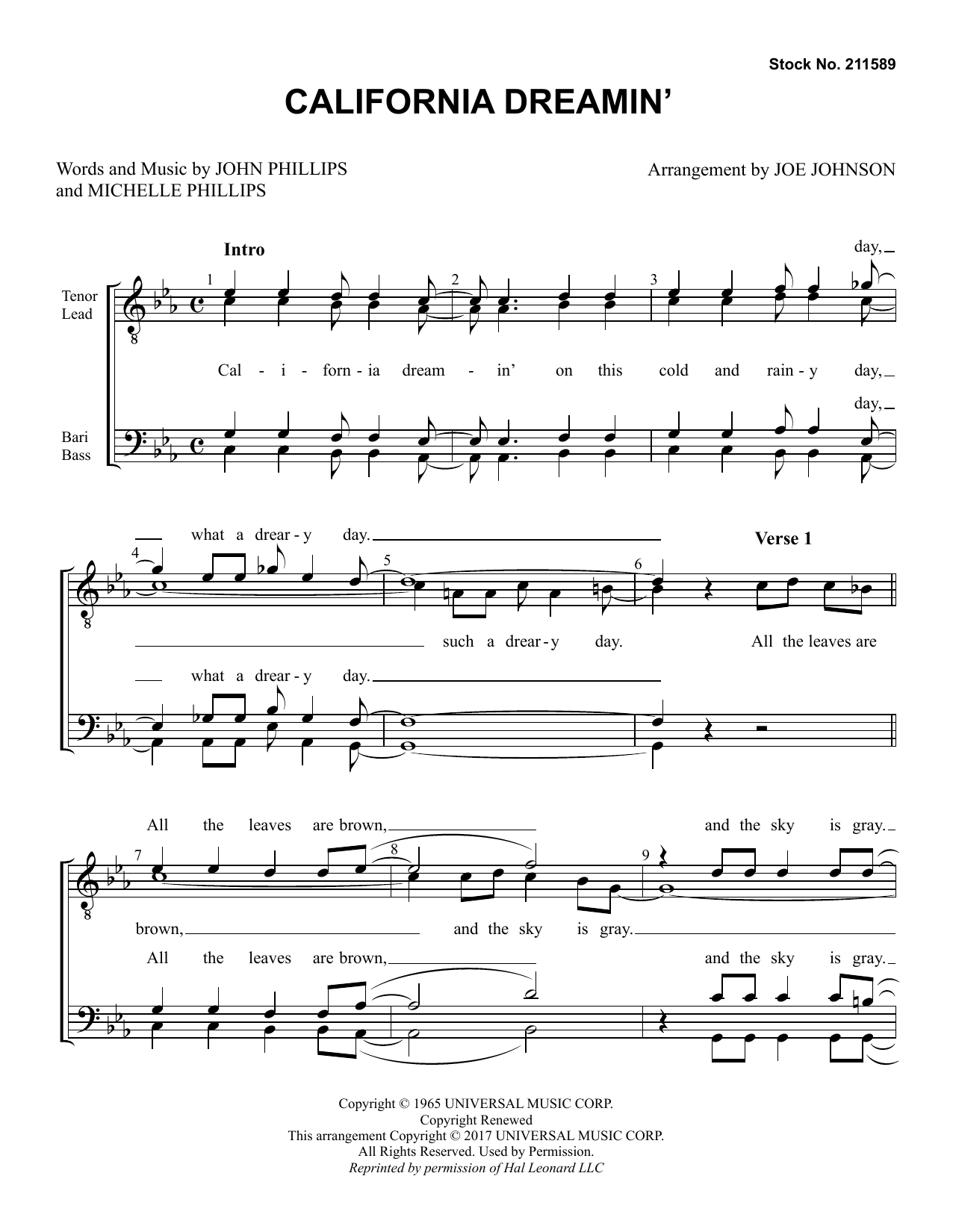 Download The Mamas & The Papas California Dreamin' (arr. Joe Johnson) Sheet Music and learn how to play TTBB Choir PDF digital score in minutes