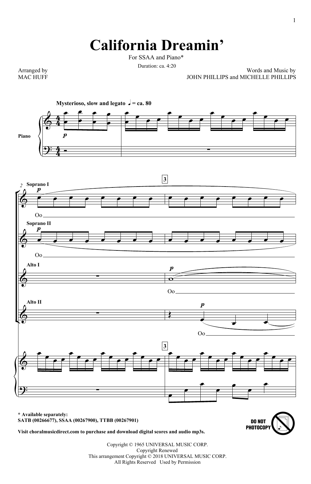 Download Mac Huff California Dreamin' Sheet Music and learn how to play TTBB PDF digital score in minutes
