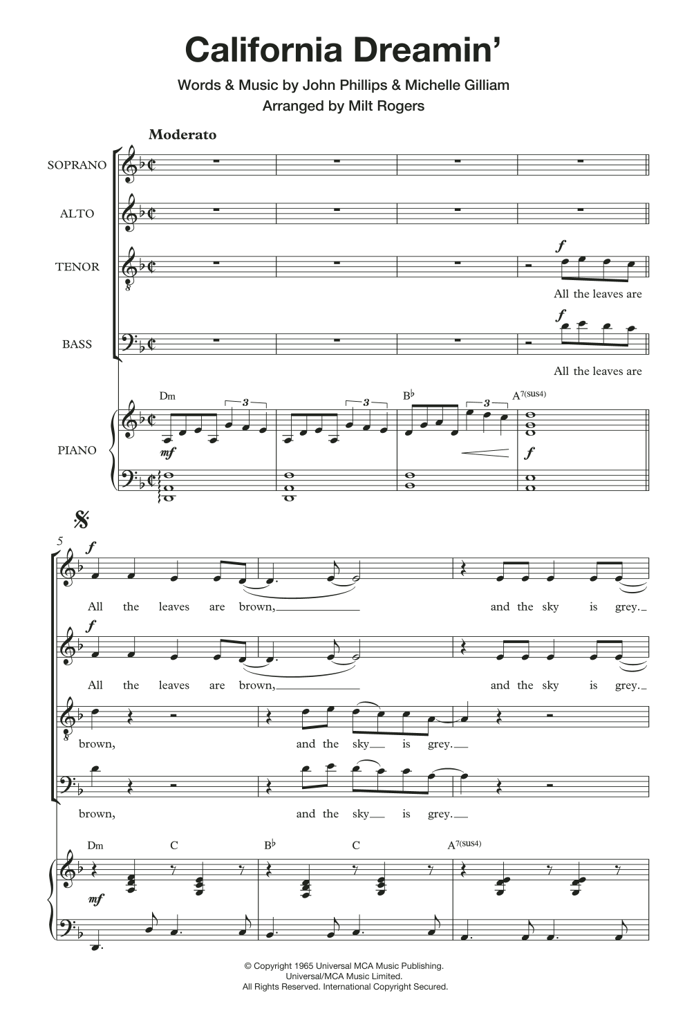 Download The Mamas & The Papas California Dreamin' (arr. Milt Rogers) Sheet Music and learn how to play SATB PDF digital score in minutes