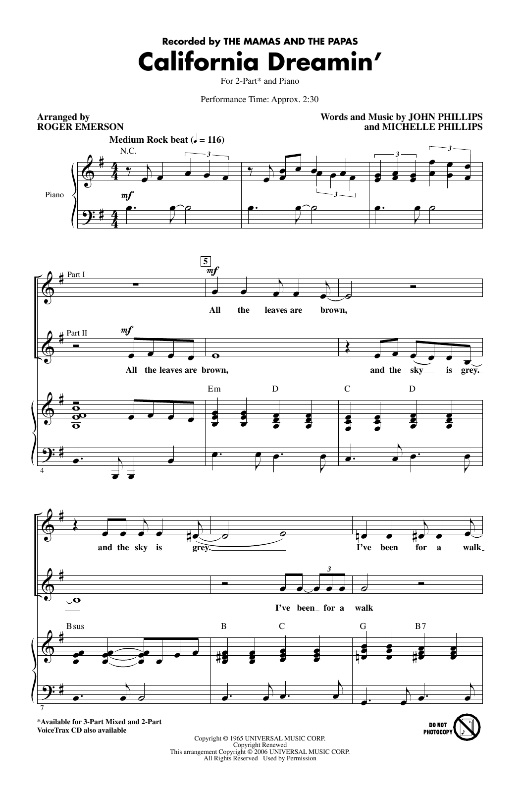 Download The Mamas & The Papas California Dreamin' (arr. Roger Emerson) Sheet Music and learn how to play 2-Part Choir PDF digital score in minutes