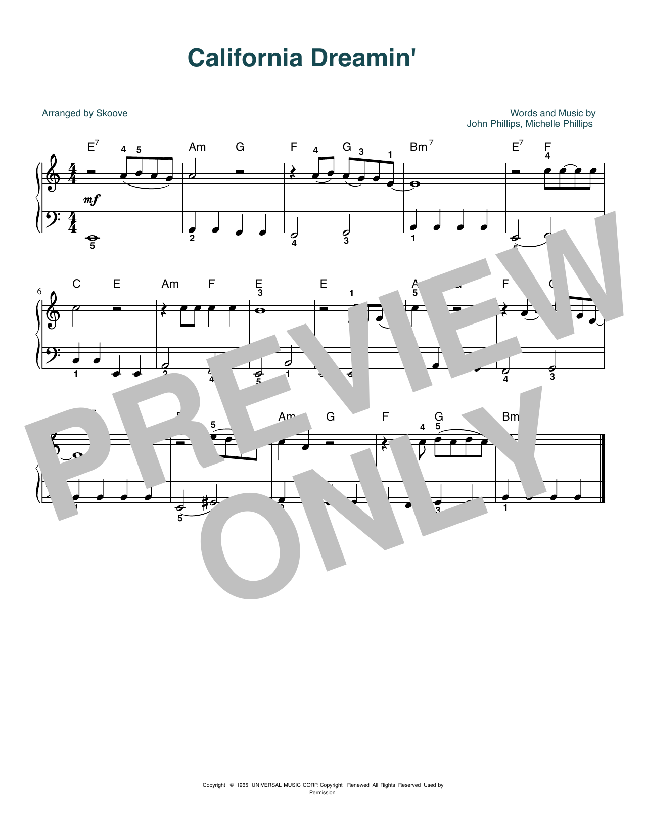 Download The Mamas & The Papas California Dreamin' (arr. Skoove) Sheet Music and learn how to play Beginner Piano (Abridged) PDF digital score in minutes