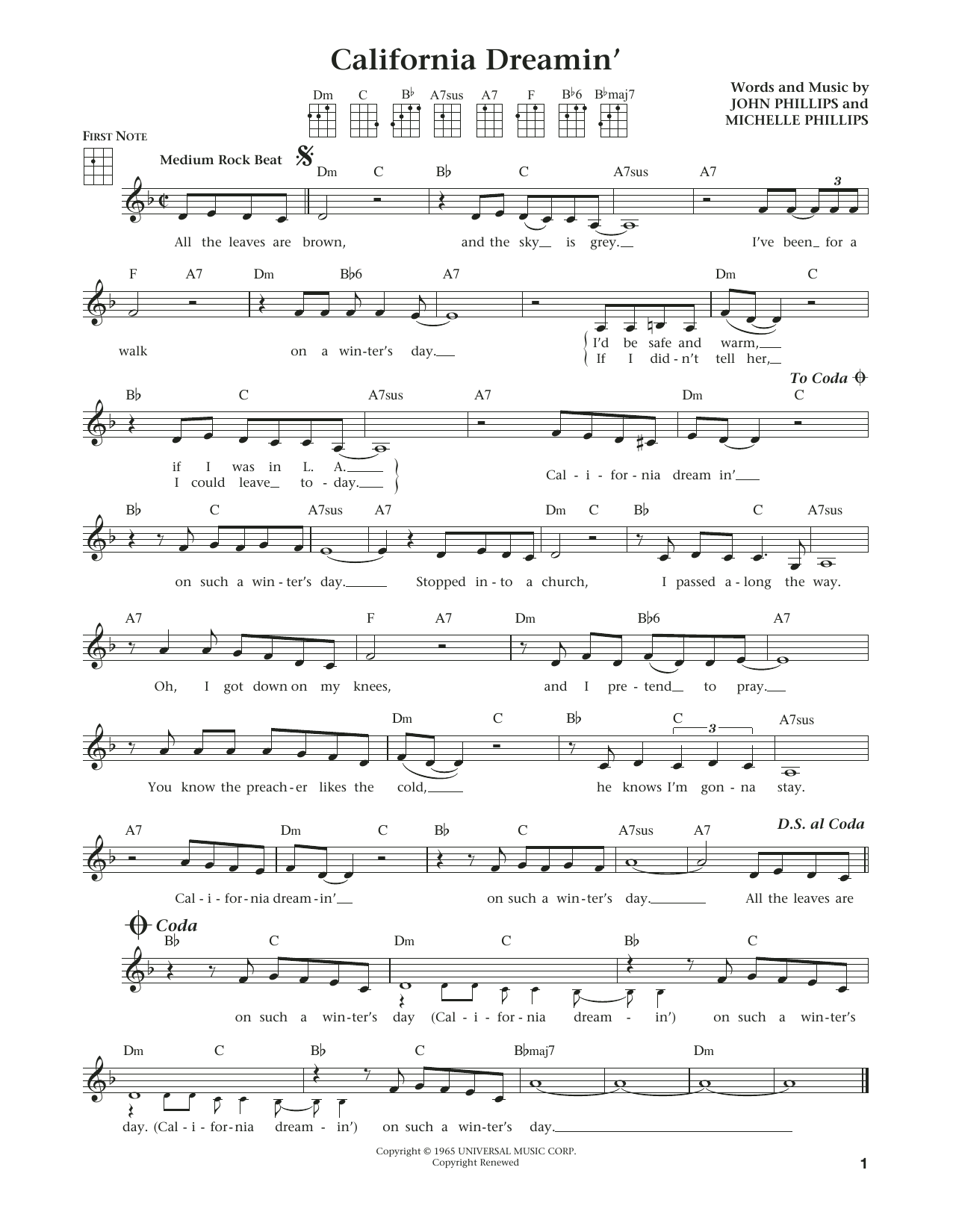 Download The Mamas & The Papas California Dreamin' Sheet Music and learn how to play Ukulele PDF digital score in minutes