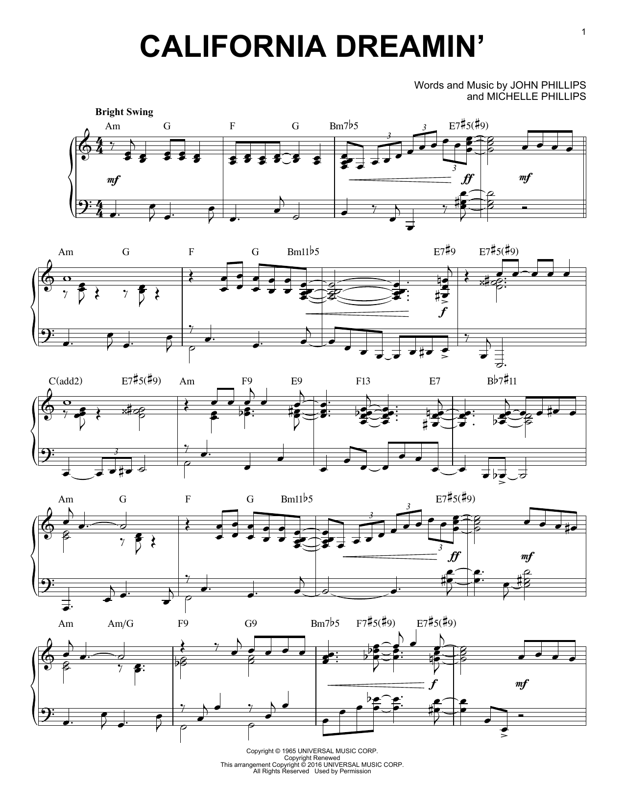 Download The Mamas & The Papas California Dreamin' Sheet Music and learn how to play Piano PDF digital score in minutes