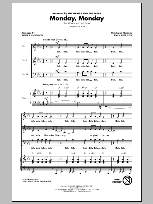 Download Roger Emerson Monday, Monday Sheet Music and learn how to play 3-Part Mixed PDF digital score in minutes