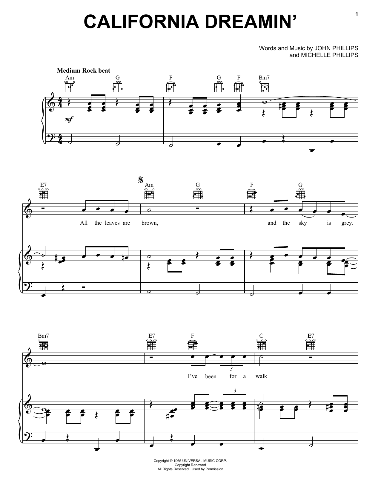 Download The Mamas & The Papas California Dreamin' Sheet Music and learn how to play Lyrics & Chords PDF digital score in minutes