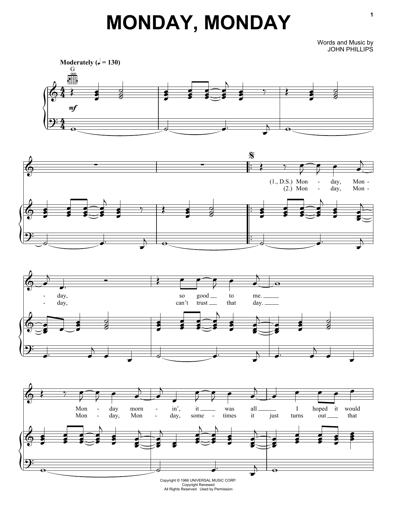 Download The Mamas & The Papas Monday, Monday Sheet Music and learn how to play Piano, Vocal & Guitar (Right-Hand Melody) PDF digital score in minutes