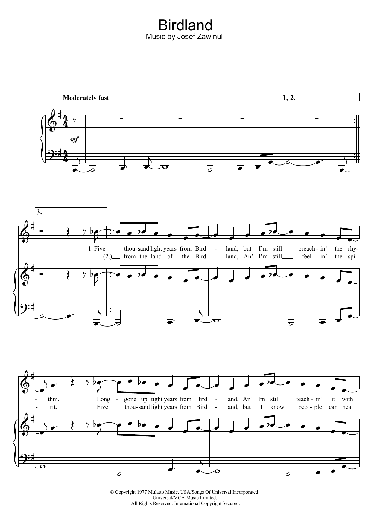 Download The Manhattan Transfer Birdland Sheet Music and learn how to play Piano, Vocal & Guitar (Right-Hand Melody) PDF digital score in minutes