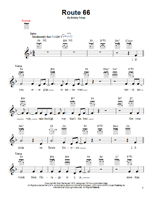 Download The Manhattan Transfer Route 66 Sheet Music and learn how to play Ukulele PDF digital score in minutes
