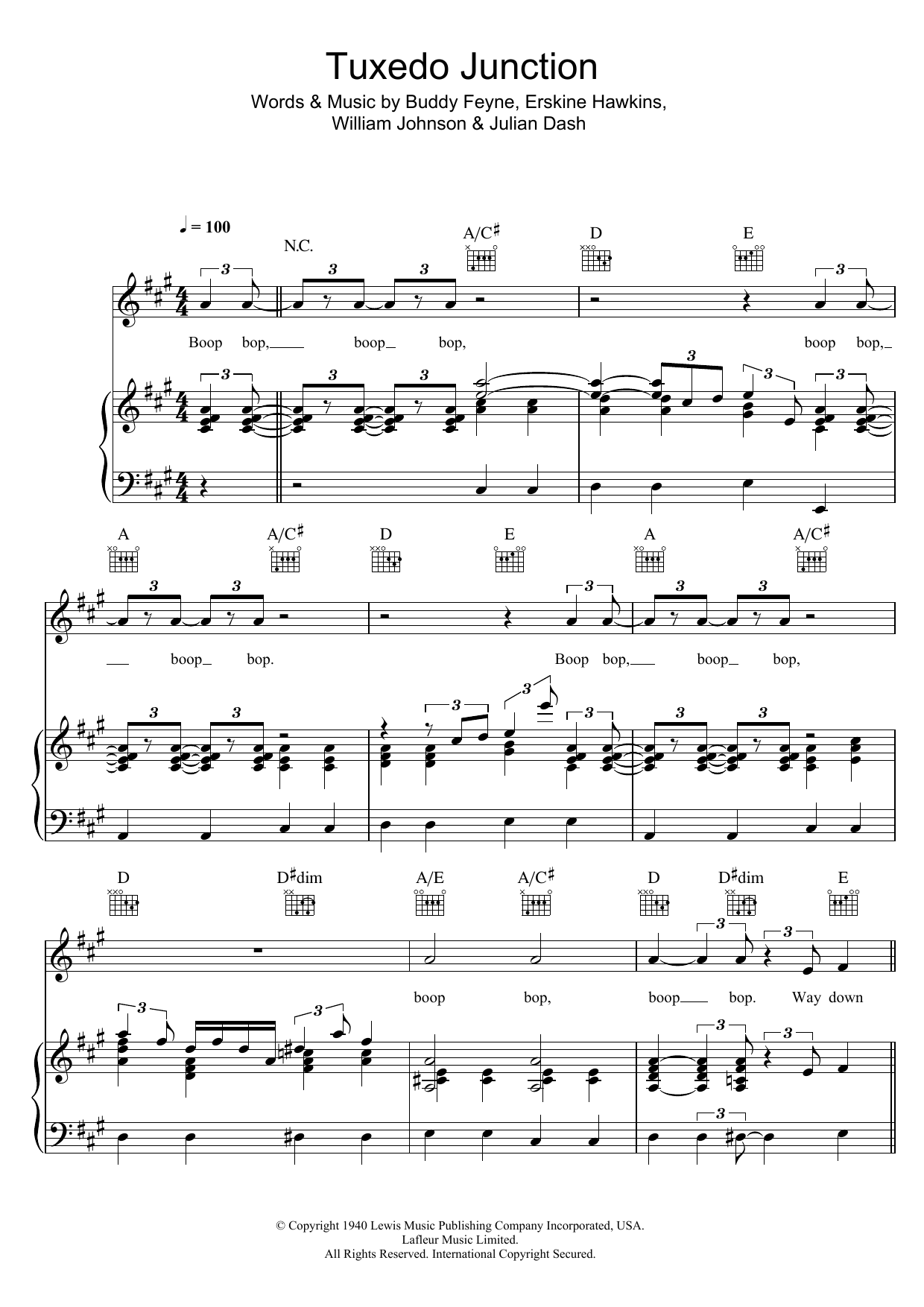 Download The Manhattan Transfer Tuxedo Junction Sheet Music and learn how to play Piano, Vocal & Guitar (Right-Hand Melody) PDF digital score in minutes