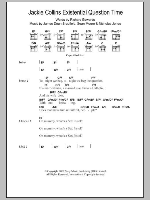 Download Manic Street Preachers Jackie Collins Existential Question Time Sheet Music and learn how to play Lyrics & Chords PDF digital score in minutes