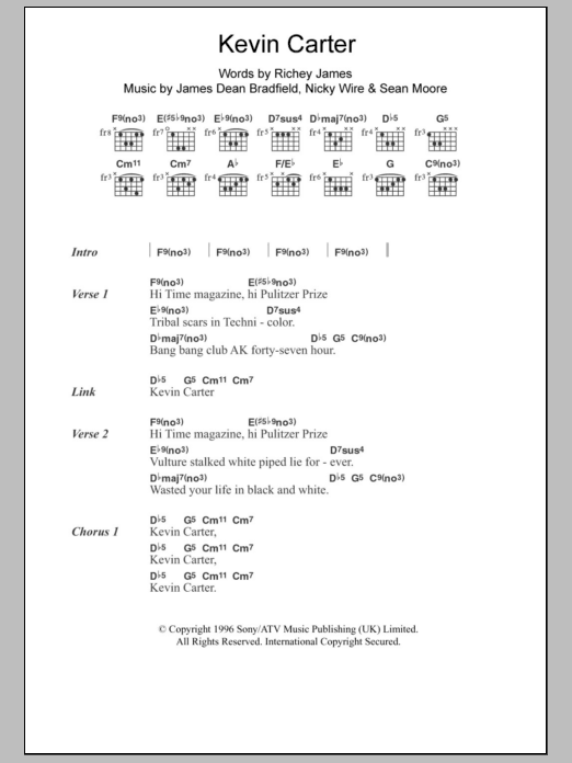 Download Manic Street Preachers Kevin Carter Sheet Music and learn how to play Lyrics & Chords PDF digital score in minutes
