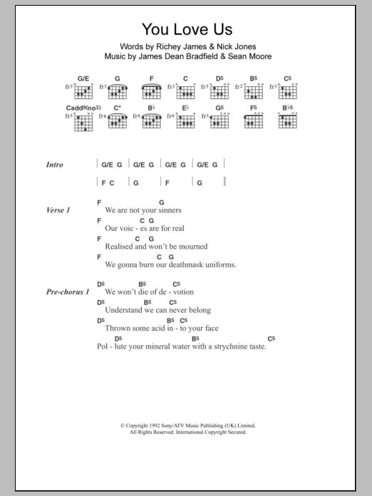 Download Manic Street Preachers You Love Us Sheet Music and learn how to play Lyrics & Chords PDF digital score in minutes