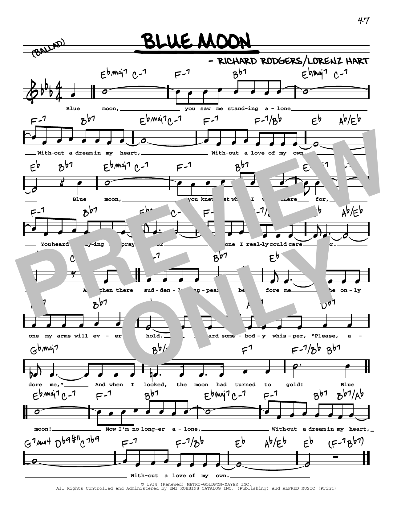Download The Marcels Blue Moon (High Voice) Sheet Music and learn how to play Real Book – Melody, Lyrics & Chords PDF digital score in minutes