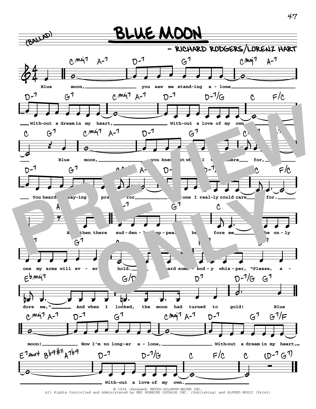 Download The Marcels Blue Moon (Low Voice) Sheet Music and learn how to play Real Book – Melody, Lyrics & Chords PDF digital score in minutes