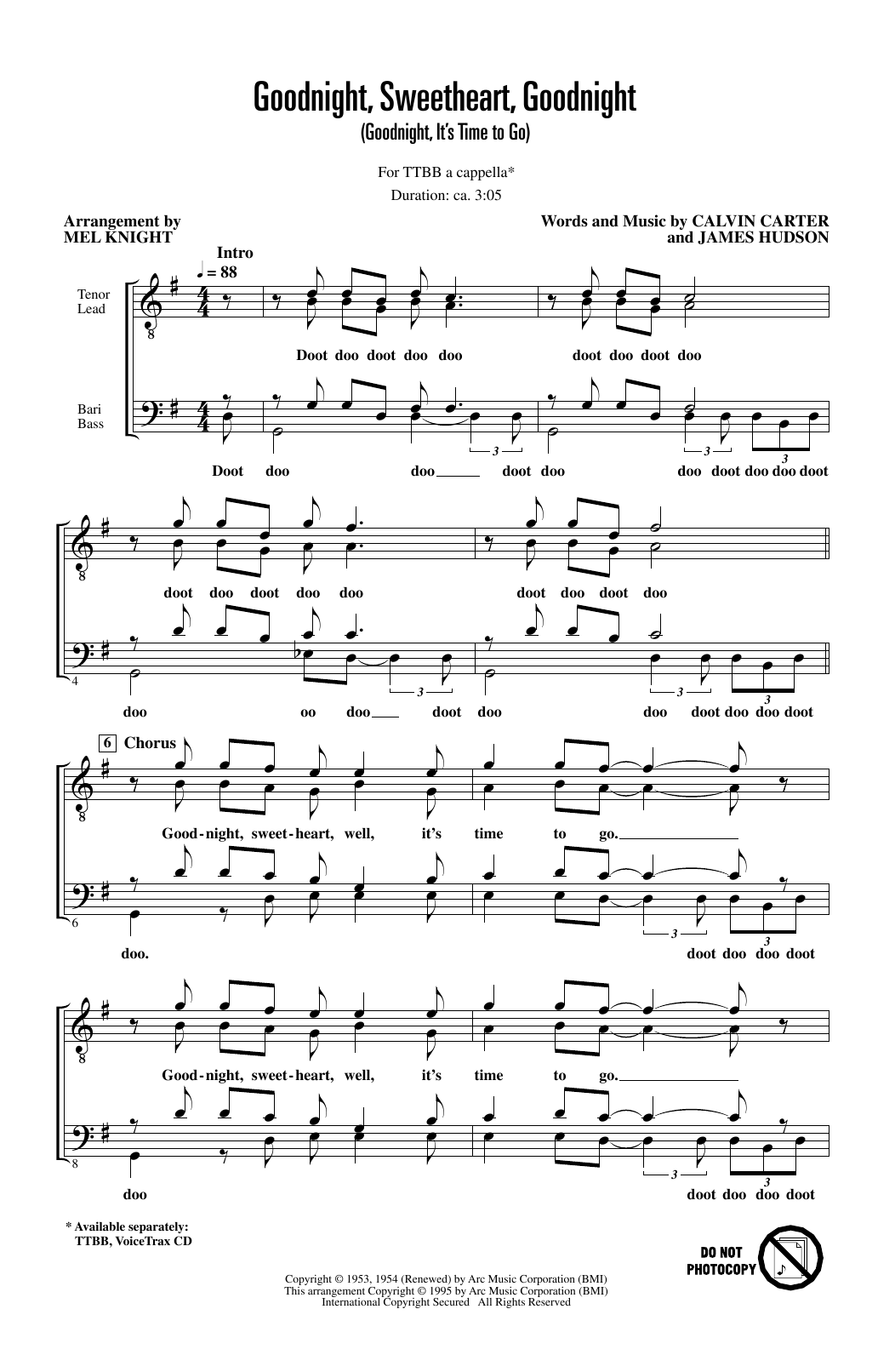 Download The McGuire Sisters Goodnight, Sweetheart, Goodnight (Goodnight, It's Time to Go) (arr. Mel Knight) Sheet Music and learn how to play TTBB Choir PDF digital score in minutes