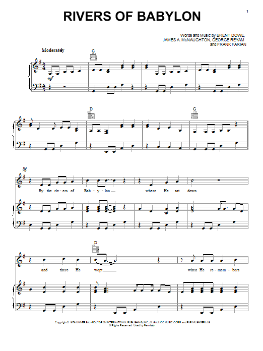 Download The Melodians Rivers Of Babylon Sheet Music and learn how to play Lyrics & Chords PDF digital score in minutes