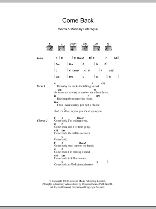 Download The Mighty Wah! Come Back Sheet Music and learn how to play Lyrics & Chords PDF digital score in minutes