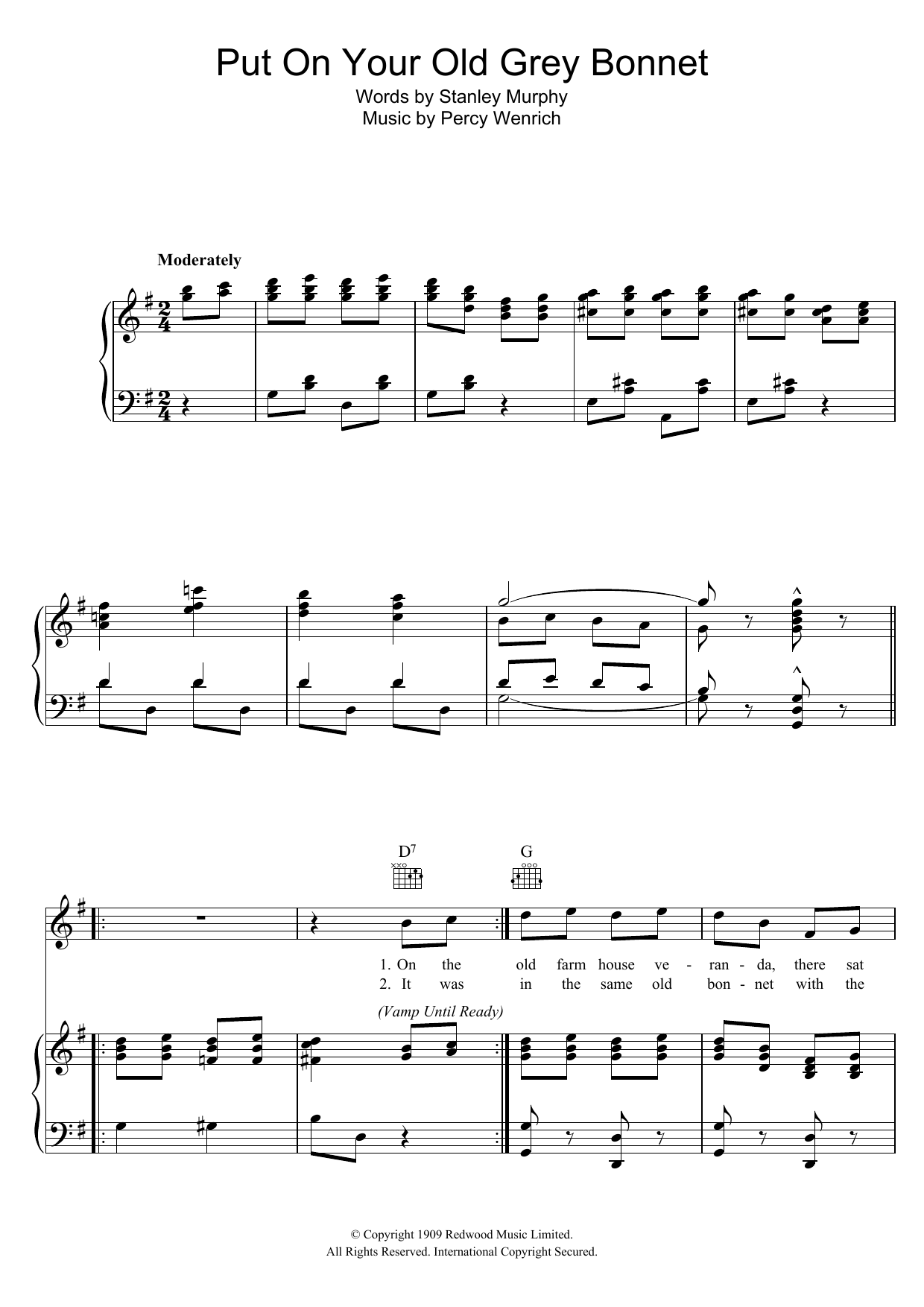 Download The Mills Brothers Put On Your Old Grey Bonnet Sheet Music and learn how to play Piano, Vocal & Guitar (Right-Hand Melody) PDF digital score in minutes