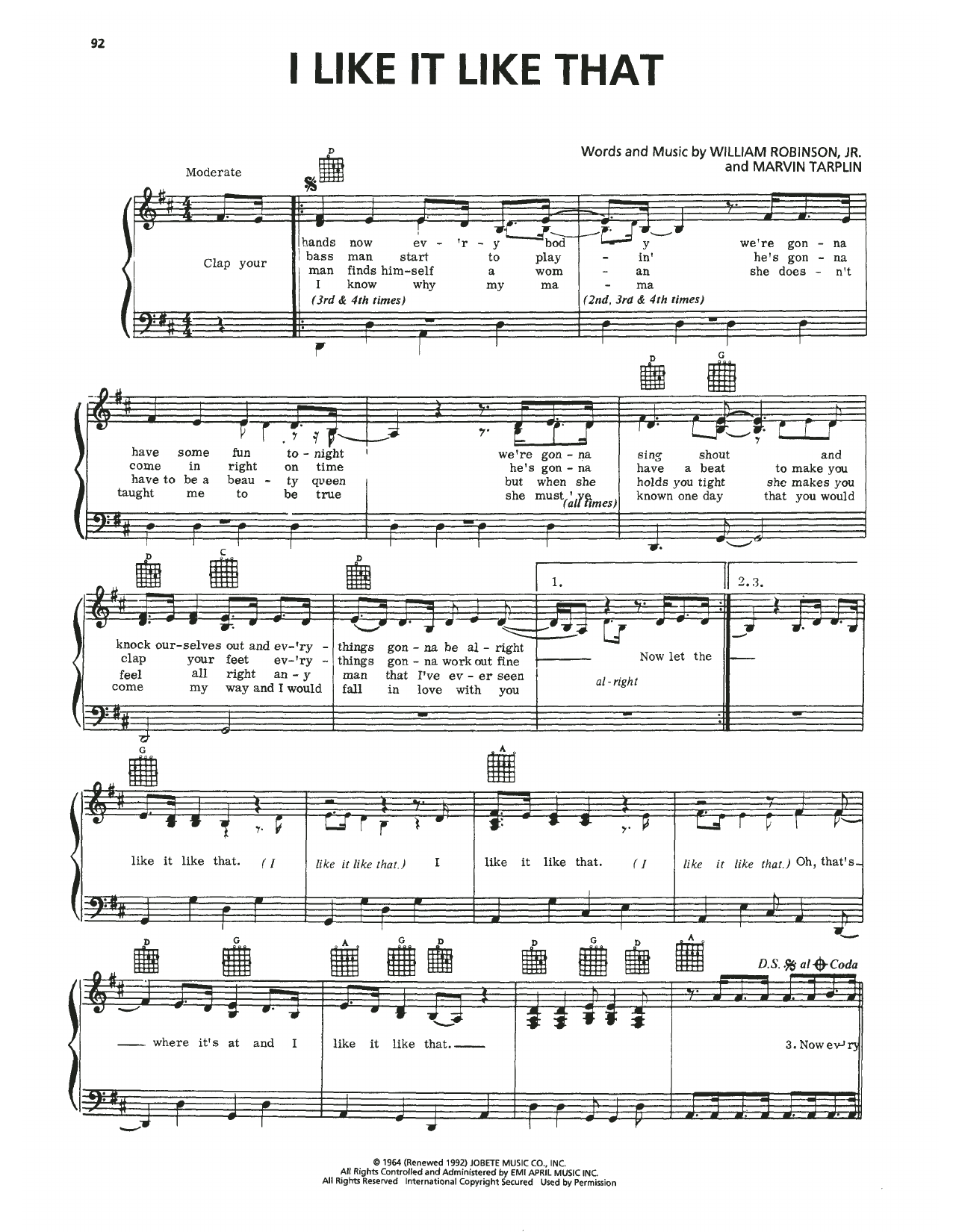 Download The Miracles I Like It Like That Sheet Music and learn how to play Piano, Vocal & Guitar Chords (Right-Hand Melody) PDF digital score in minutes