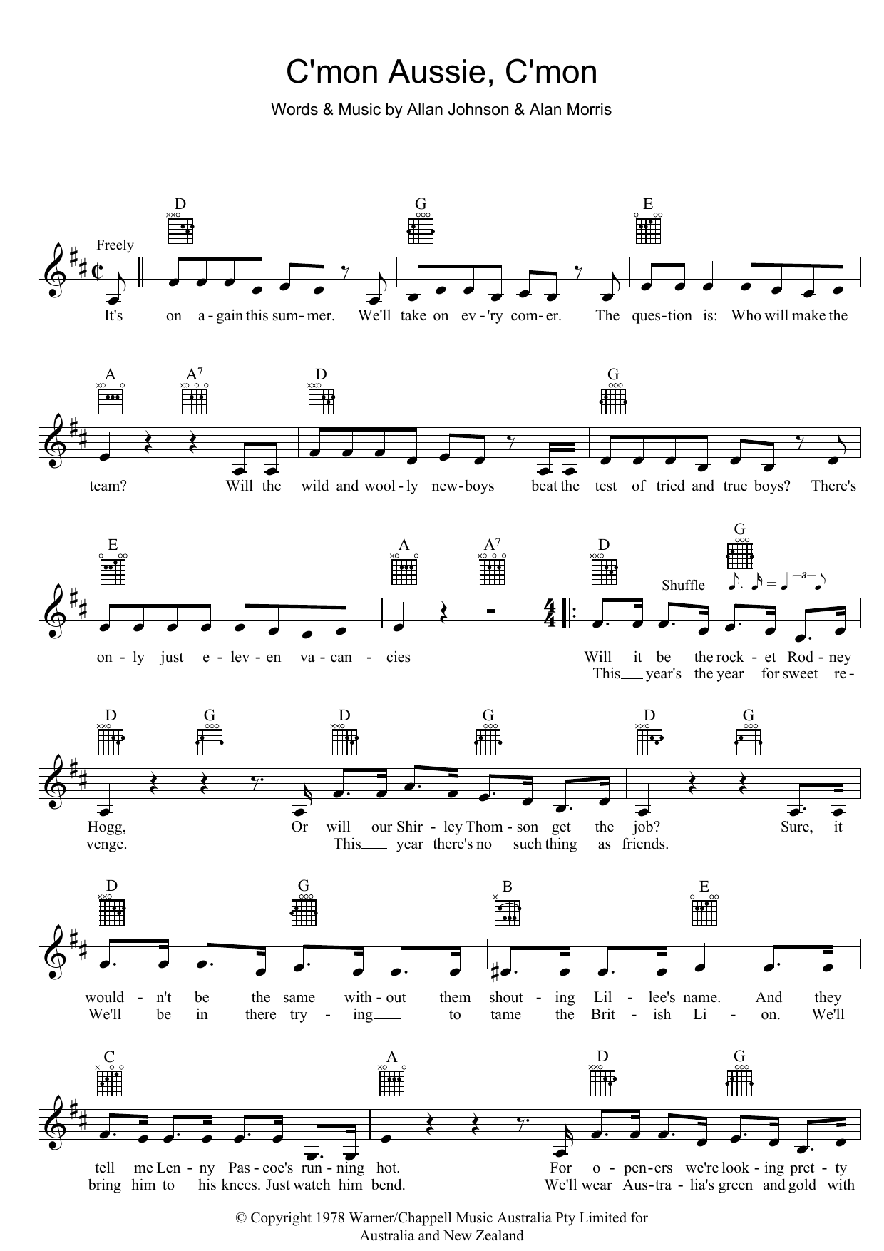 Download The Mojo Singers C'mon Aussie, C'mon Sheet Music and learn how to play Melody Line, Lyrics & Chords PDF digital score in minutes