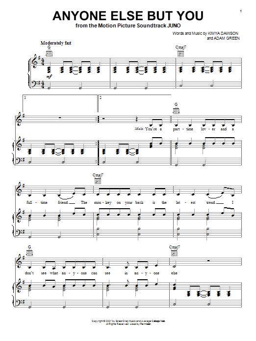 Download The Moldy Peaches Anyone Else But You Sheet Music and learn how to play Piano, Vocal & Guitar (Right-Hand Melody) PDF digital score in minutes