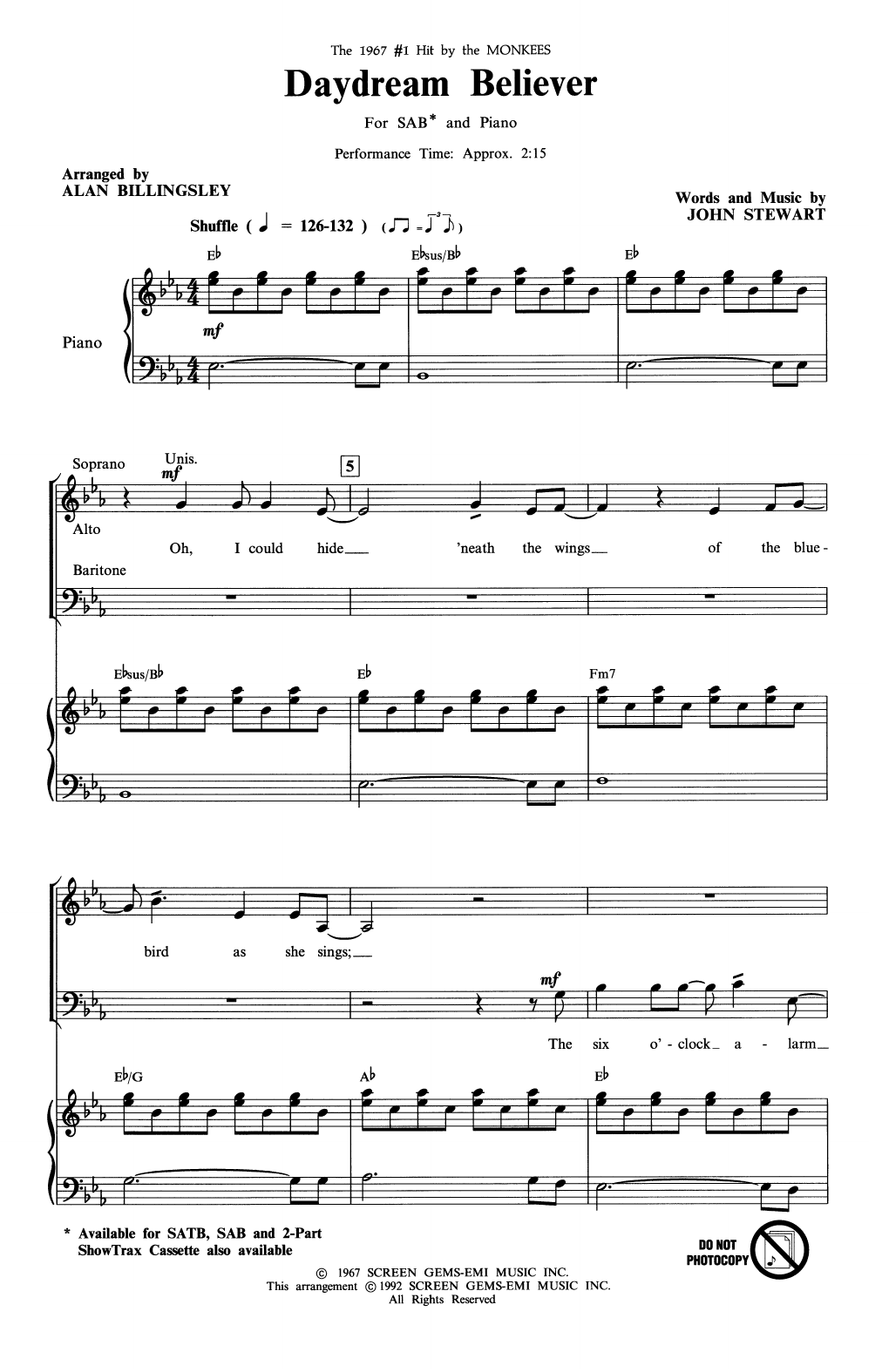 Download The Monkees Daydream Believer (arr. Alan Billingsley) Sheet Music and learn how to play 2-Part Choir PDF digital score in minutes