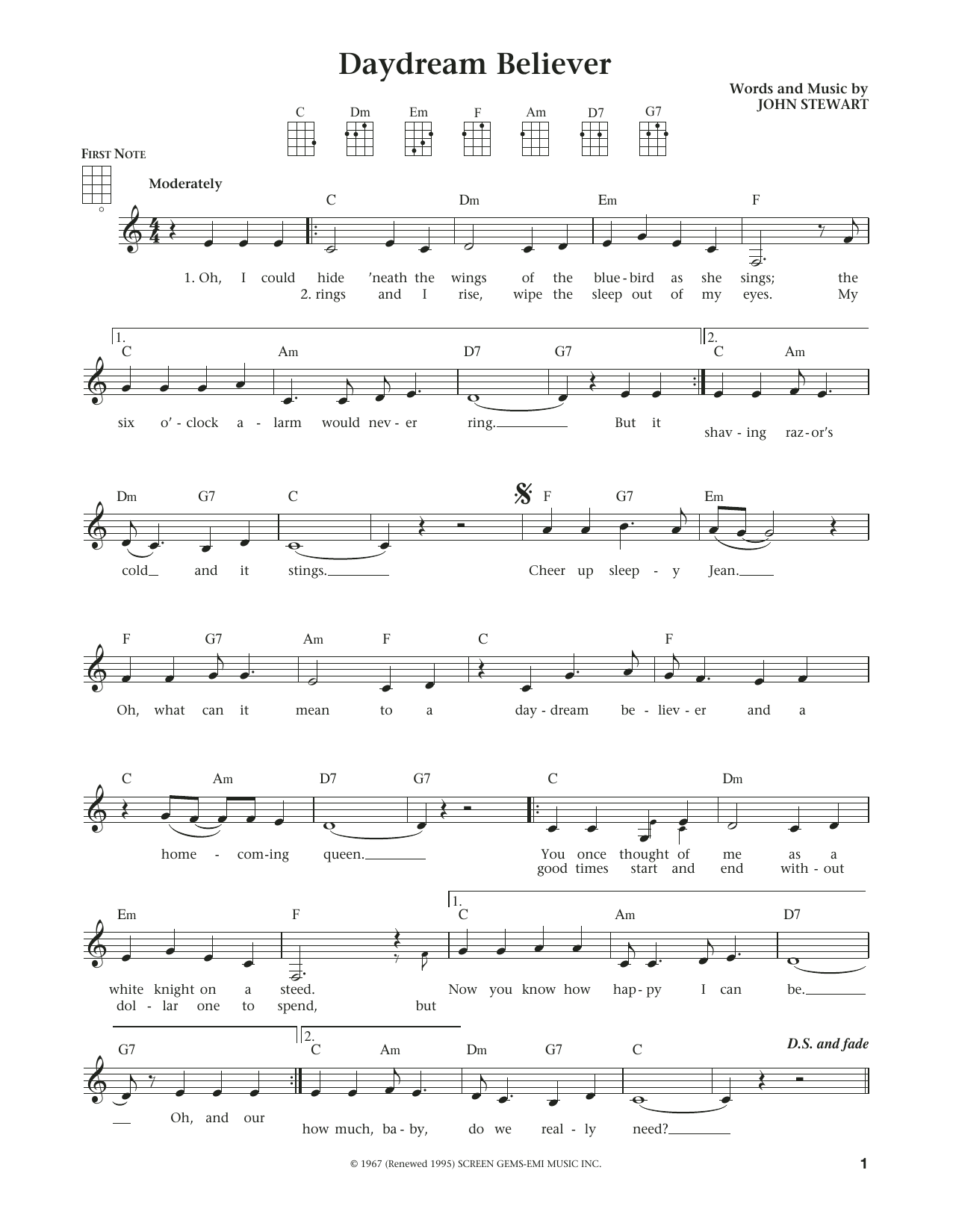 Download The Monkees Daydream Believer Sheet Music and learn how to play Ukulele PDF digital score in minutes