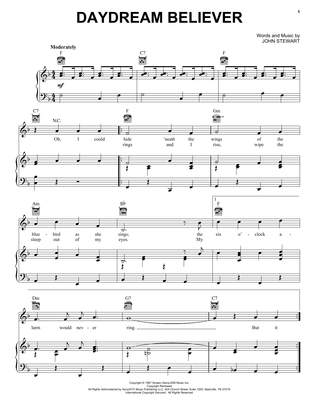 Download The Monkees Daydream Believer Sheet Music and learn how to play Piano, Vocal & Guitar (Right-Hand Melody) PDF digital score in minutes