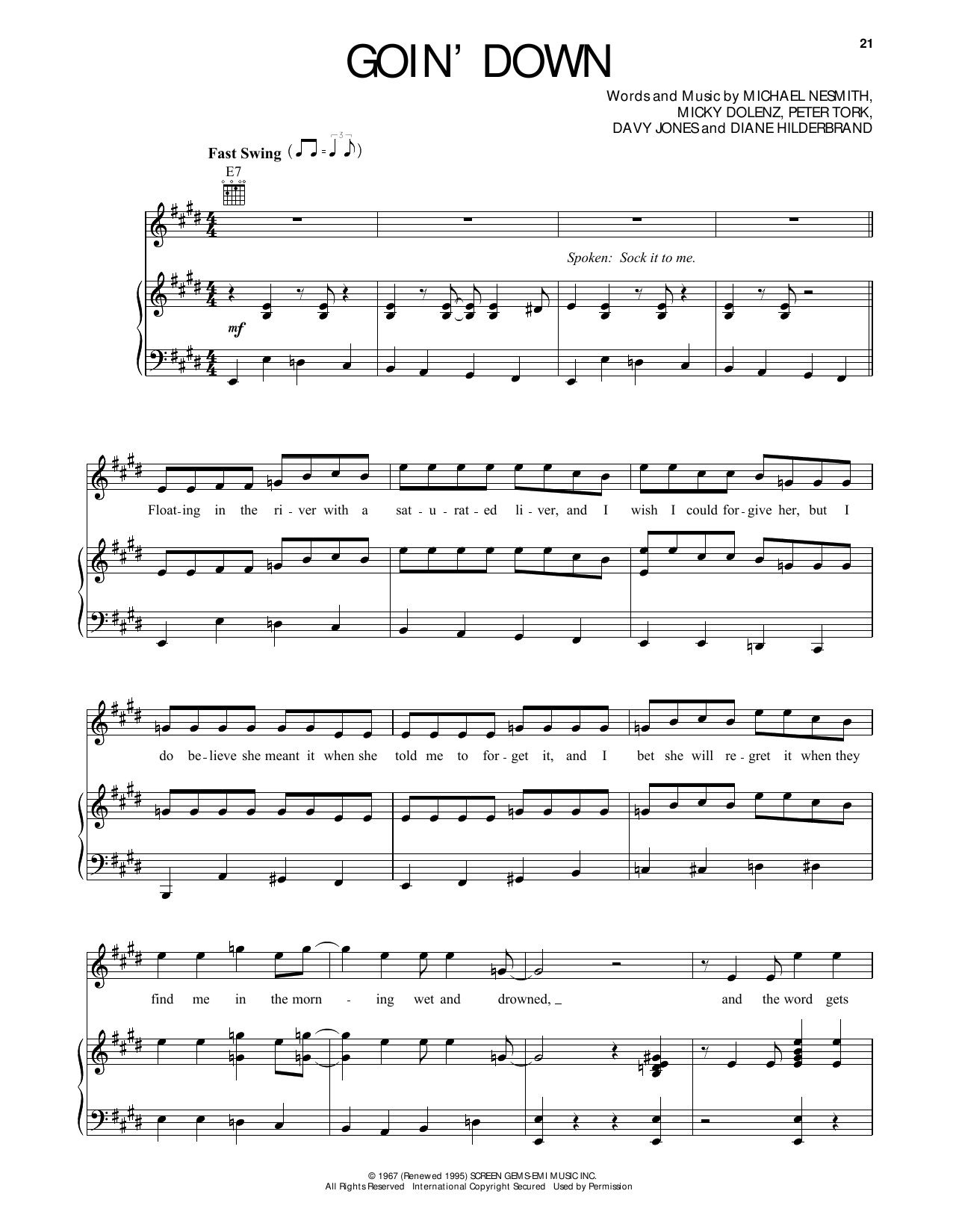 Download The Monkees Goin' Down Sheet Music and learn how to play Piano, Vocal & Guitar Chords (Right-Hand Melody) PDF digital score in minutes