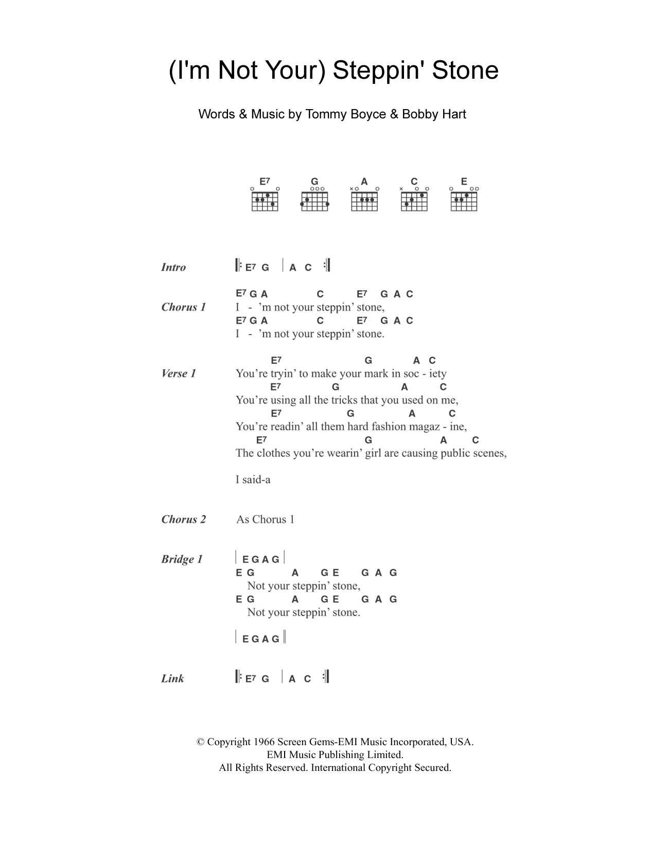 Download The Monkees (I'm Not Your) Steppin' Stone Sheet Music and learn how to play Guitar Chords/Lyrics PDF digital score in minutes