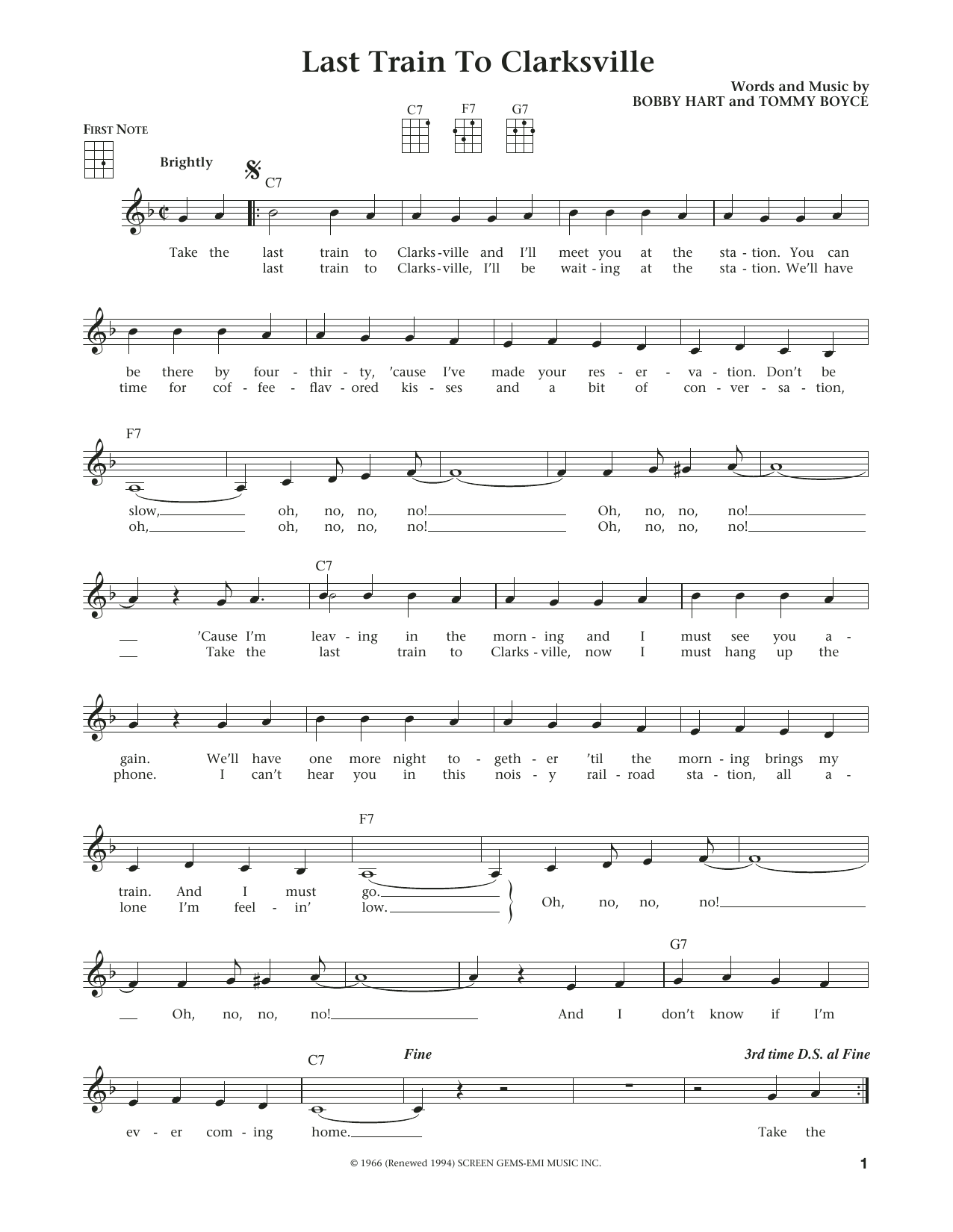 Download The Monkees Last Train To Clarksville Sheet Music and learn how to play Ukulele PDF digital score in minutes