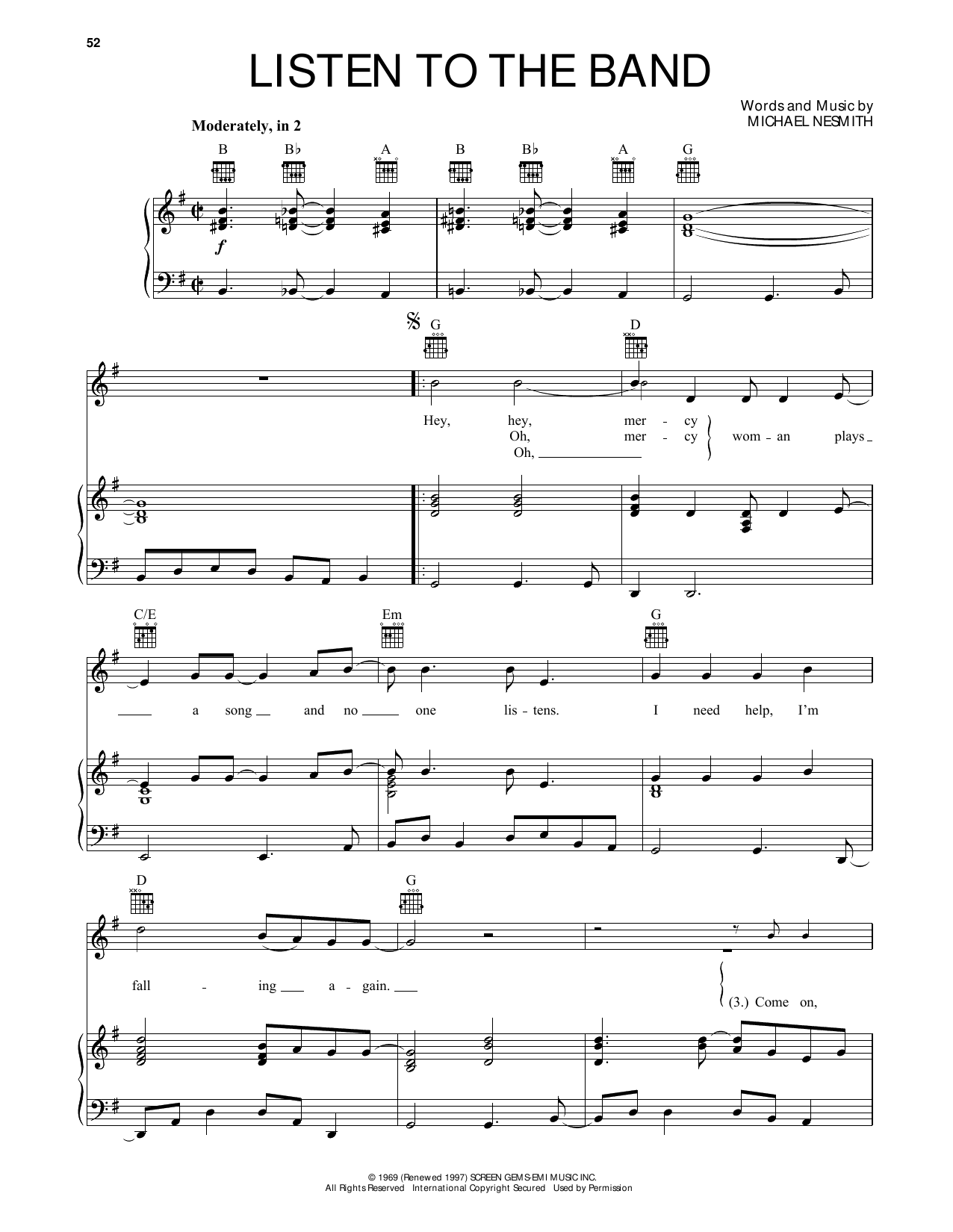 Download The Monkees Listen To The Band Sheet Music and learn how to play Piano, Vocal & Guitar Chords (Right-Hand Melody) PDF digital score in minutes