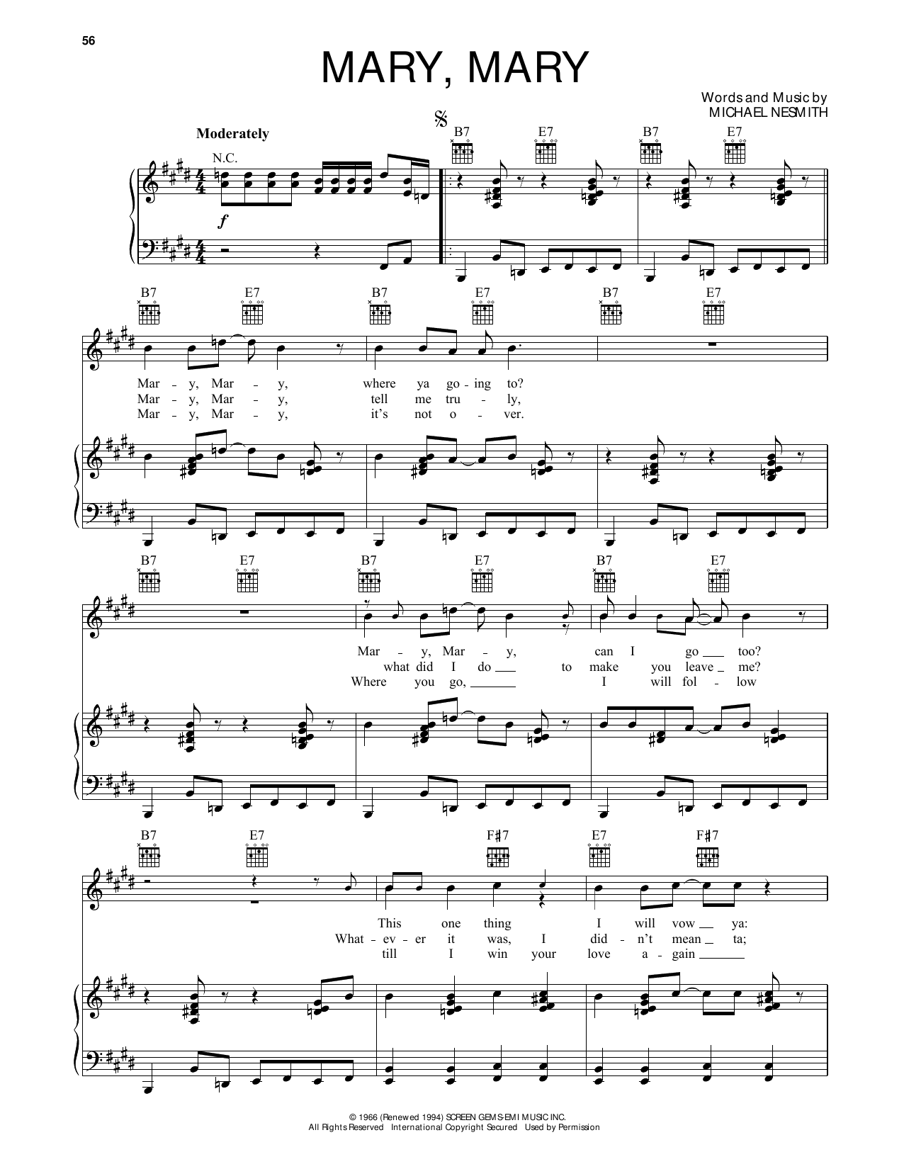 Download The Monkees Mary, Mary Sheet Music and learn how to play Piano, Vocal & Guitar Chords (Right-Hand Melody) PDF digital score in minutes