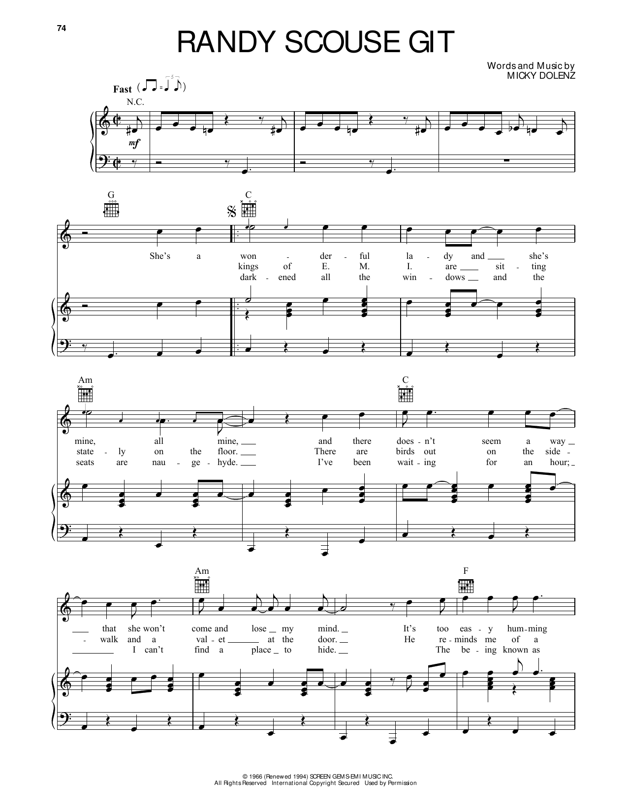 Download The Monkees Randy Scouse Git Sheet Music and learn how to play Piano, Vocal & Guitar Chords (Right-Hand Melody) PDF digital score in minutes