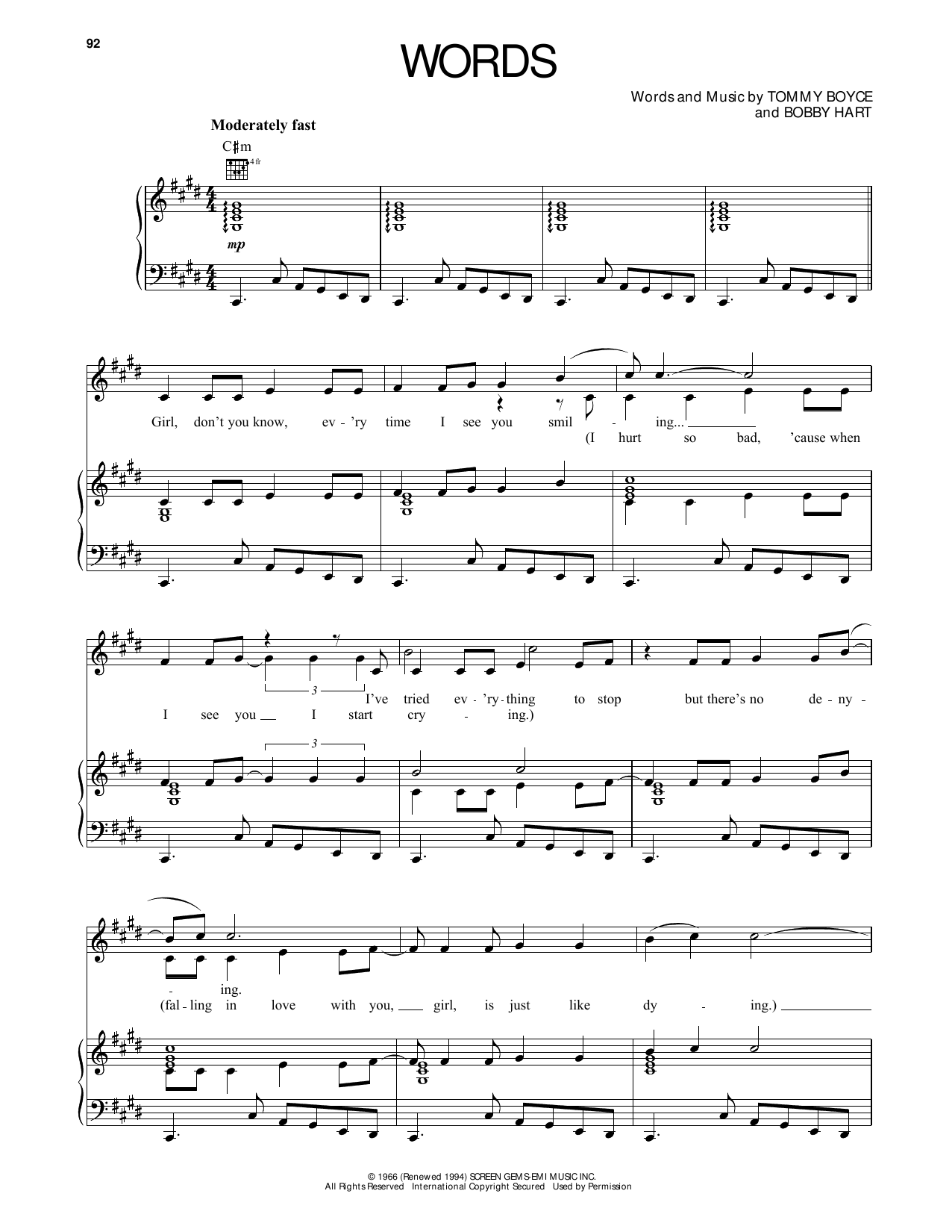 Download The Monkees Words Sheet Music and learn how to play Piano, Vocal & Guitar Chords (Right-Hand Melody) PDF digital score in minutes